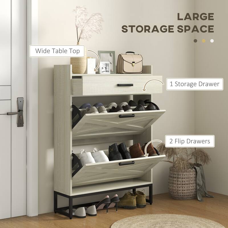 Narrow Shoe Cabinet, with 2 Flip Drawers, Adjustable Shelves and Top Drawer, Hidden Shoe Storage for 12 Pairs of Shoes