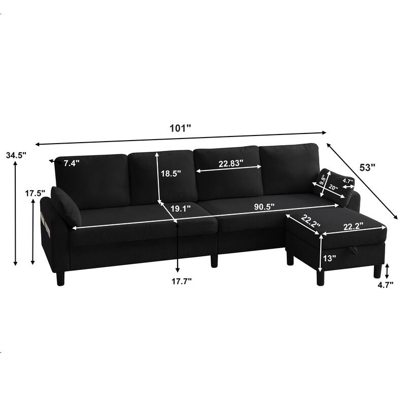 Modular Sectional Sofa Couch L Shaped With Chaise Storage Ottoman and Side Bags For Living Room