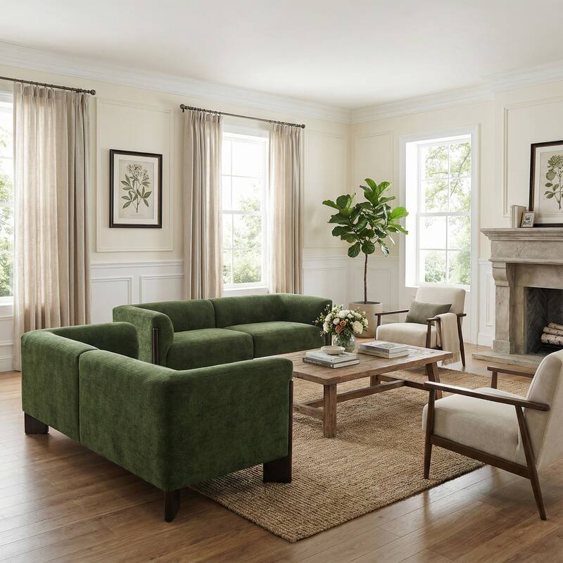 2 Set Modern Deep Seat Tuxedo Arms Sofa Loveseat