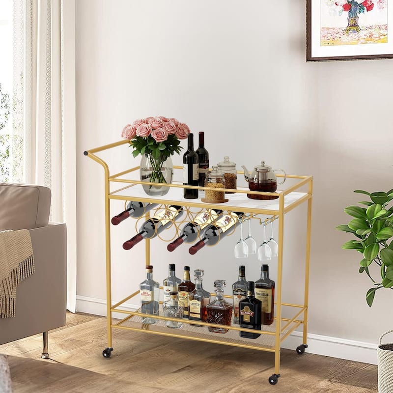 EROMMY Gold Bar Cart with Wheels, Rolling Liquor Cart with Wine Rack and Glass Holder, Modern Bar Trolley for Home Kitchen.