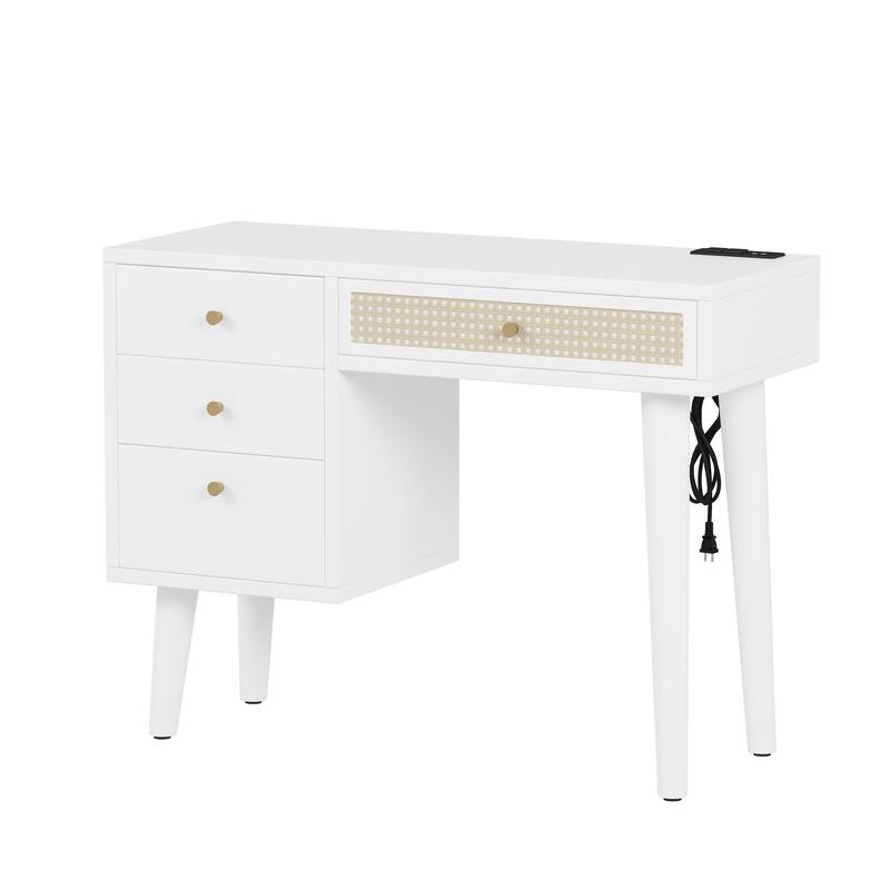 39" Retro Bohemian Style Wooden Makeup Vanity Set with Charging Plug & USB Port and Stool