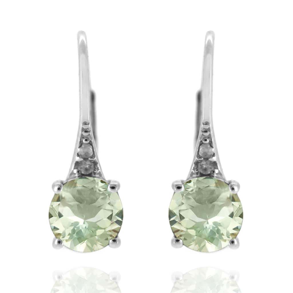 925 Sterling Silver Green Amethyst and Diamond Earrings