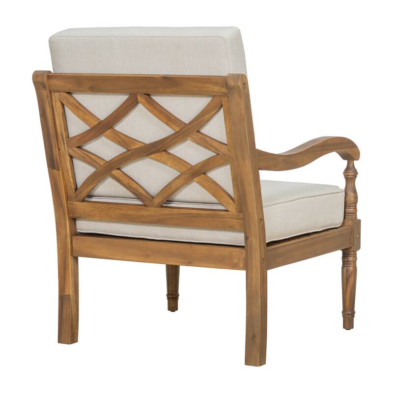 Roomfitters Outdoor Acacia Wood Club Chair with Waterproof Cushions, Lattice Back Patio Seating, Natural and Beige