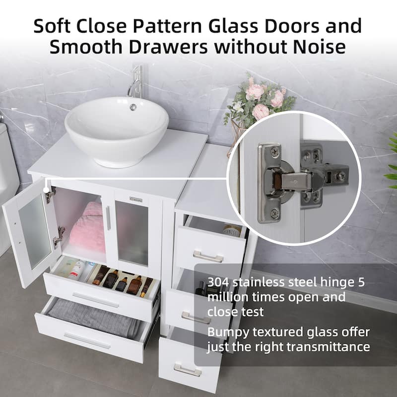 36" White Bathroom Vanity Sink Set with Side Cabinet Vessel Sink Faucet Combo