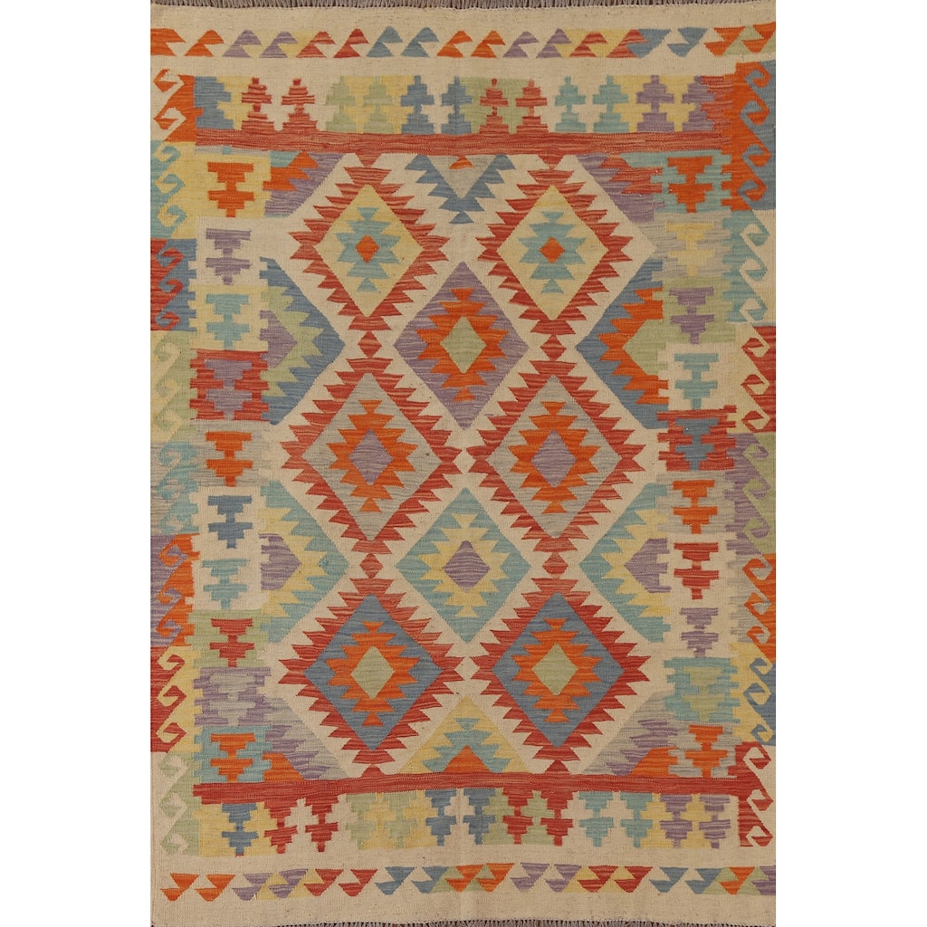 Hand Woven Oriental 100% Wool Carpet Southwestern Geometric Multi-Colored Kilim Area Rug - 6' 9'' X 4' 10''