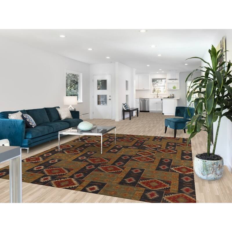 All-Over Geometric Kilim Indian Area Rug Hand-Woven Wool Carpet - 7'8"x 9'10"