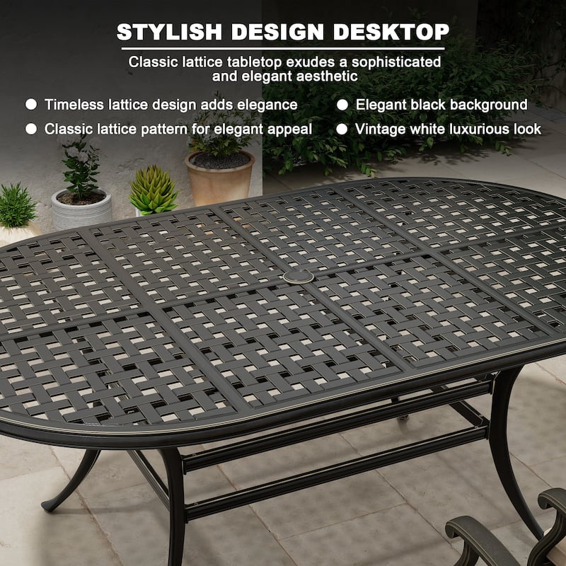 72" Outdoor Dining Table Cast Aluminum Classic Lattice Elliptical Shape Patio Table with Umbrella Hole