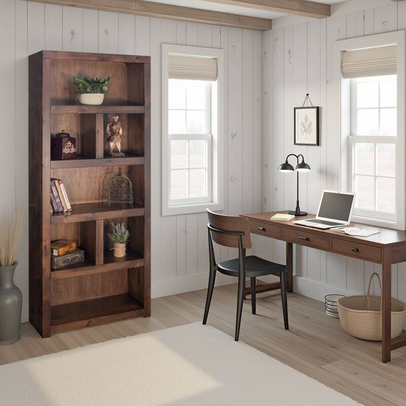 Bridgevine Home Sausalito 79 inch high Bookcase, No Assembly Required, Whiskey Finish