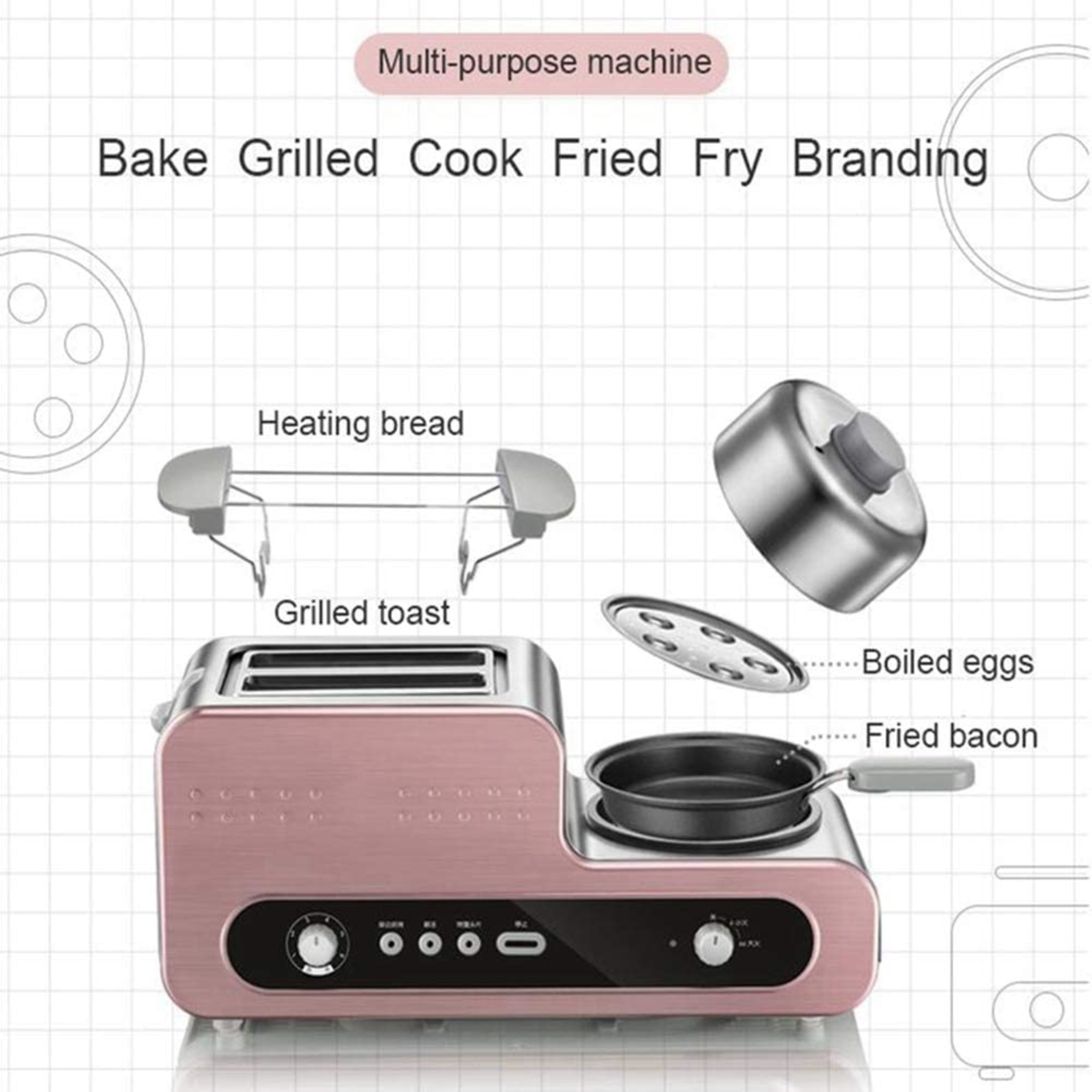 Egg Boiler Multifunction Breakfast Maker Bread Baking Machine 2 Slices  Toaster Oven - Pink - 48 x18.5 x19.5 Centimeters
