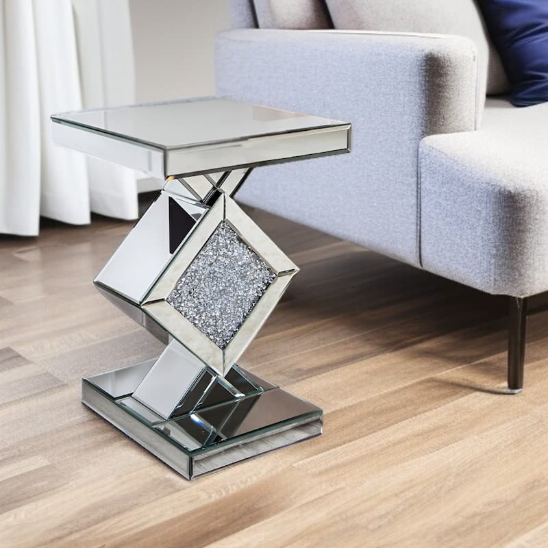 HomeRoots 24" Silver Mirrored Glass And Faux Crystals End Table - 23.62" X 15.74" X 15.74"