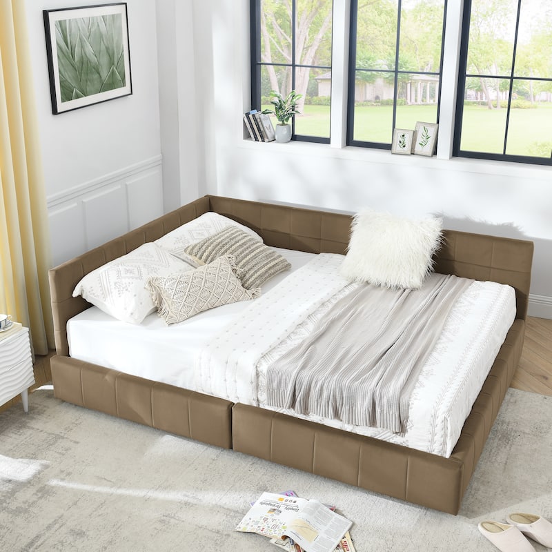 Full Size Daybed Grounded Bed Velvet Upholstered Tufted Bed Frame with L-shaped Backrest & Armrests for Livingroom or Bedroom