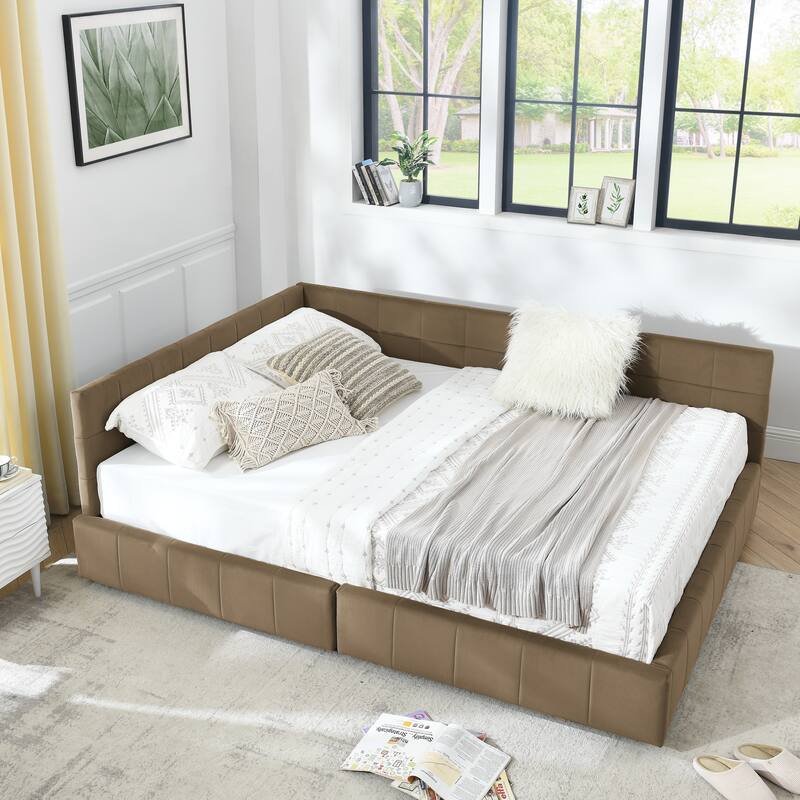 L-shaped Velvet Upholstered Daybed Tufted Sofa Bed with Soft Backrest Armrests - and Optional Corner Storage Day Bed