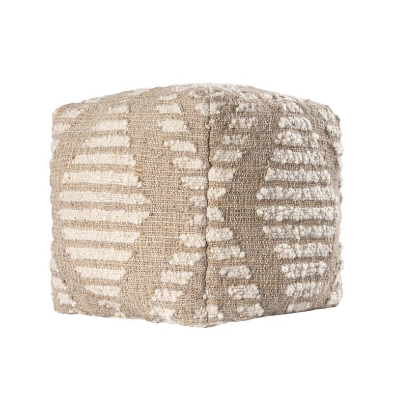 HomeRoots 18" Ivory and Natural Cotton Jute And Wool Geometric Cube Pouf Ottoman