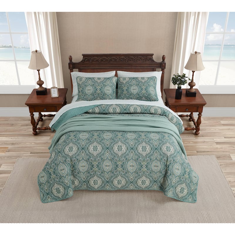 Tommy Bahama Bonny Cove Floral Pattern With Palm Reverse Quilt (Beige, 3 Piece Set)