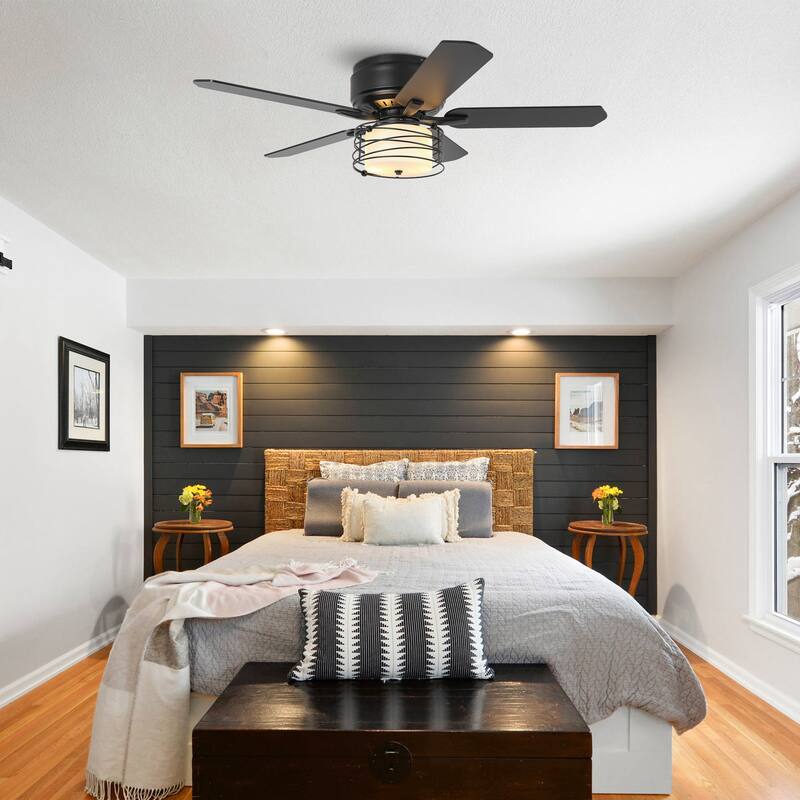 48" Reversible Wood 5-Blade Black Flush Mount Ceiling Fan with Remote