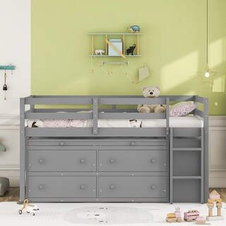 Twin Size Loft Bed with Retractable Writing Desk and 4 Drawers