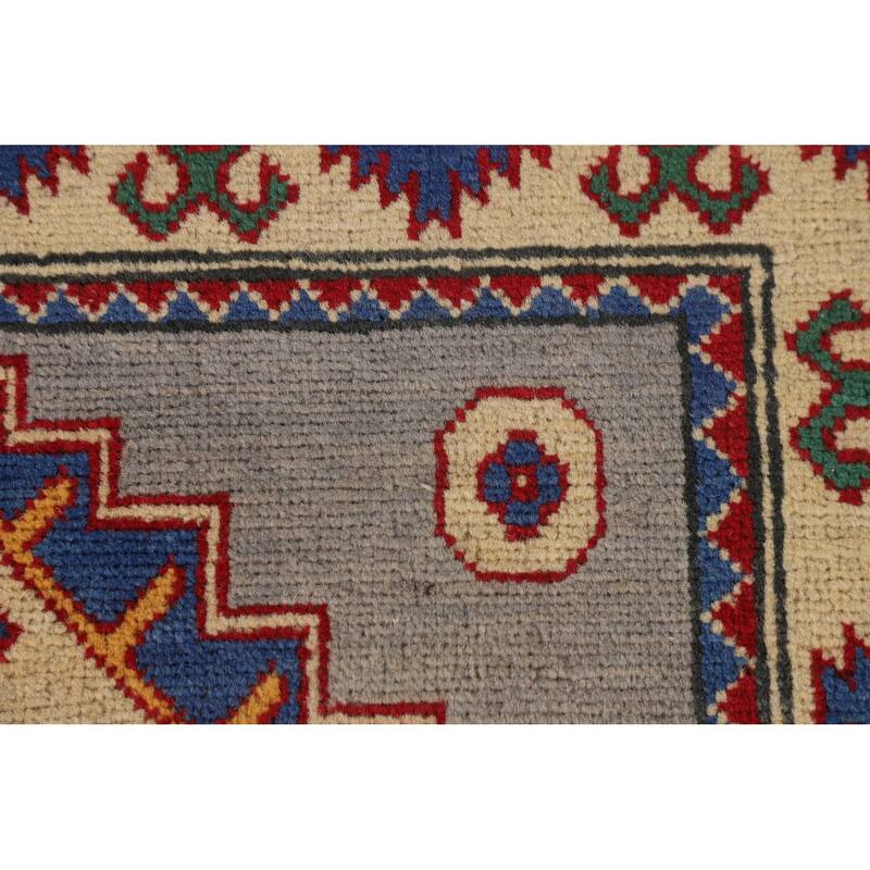 Gray Geometric Kazak Rug Handmade Foyer Wool Carpet - 2'9" x 4'1"