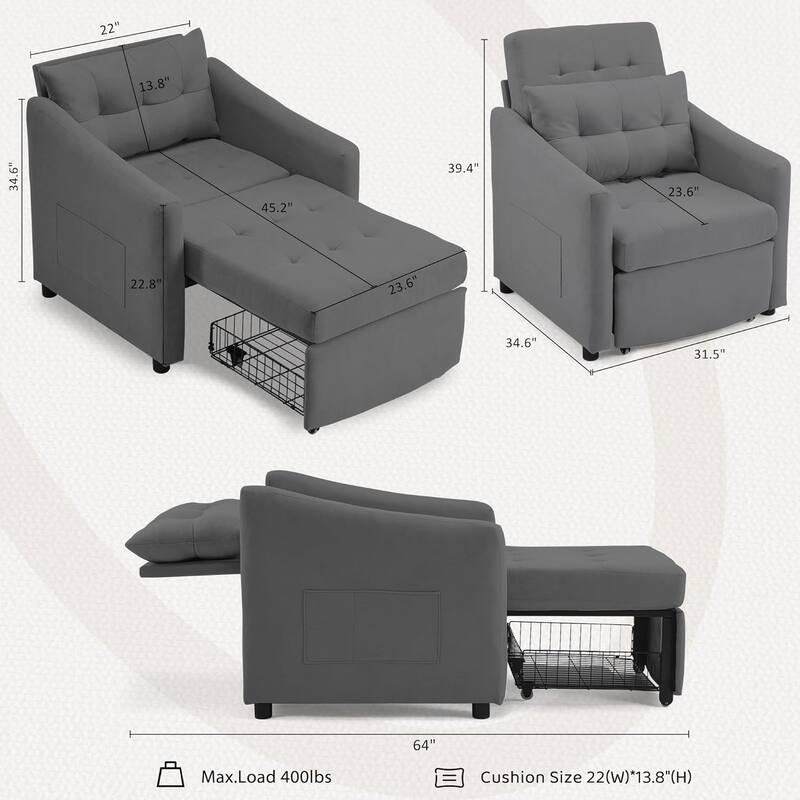 Bezseller Convertible Sofa Bed Chair, 3-in-1 Sleeper Chair with Storage Drawer, Light Gray