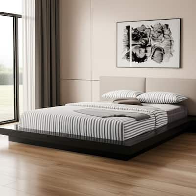 HomeRoots Black and Gray Wood And Faux Leather King Bed Frame With Attached Nightstands