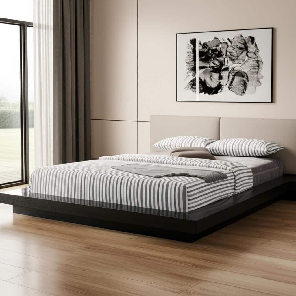 HomeRoots Black and Gray Wood And Faux Leather King Bed Frame With Attached Nightstands