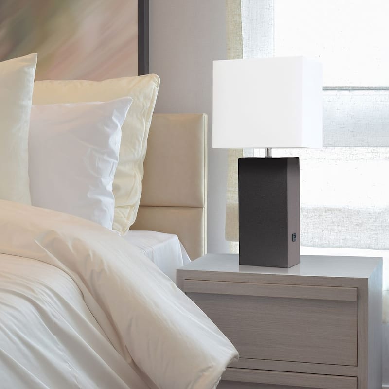 Modern Leather Table Lamp with USB and White Fabric Shade