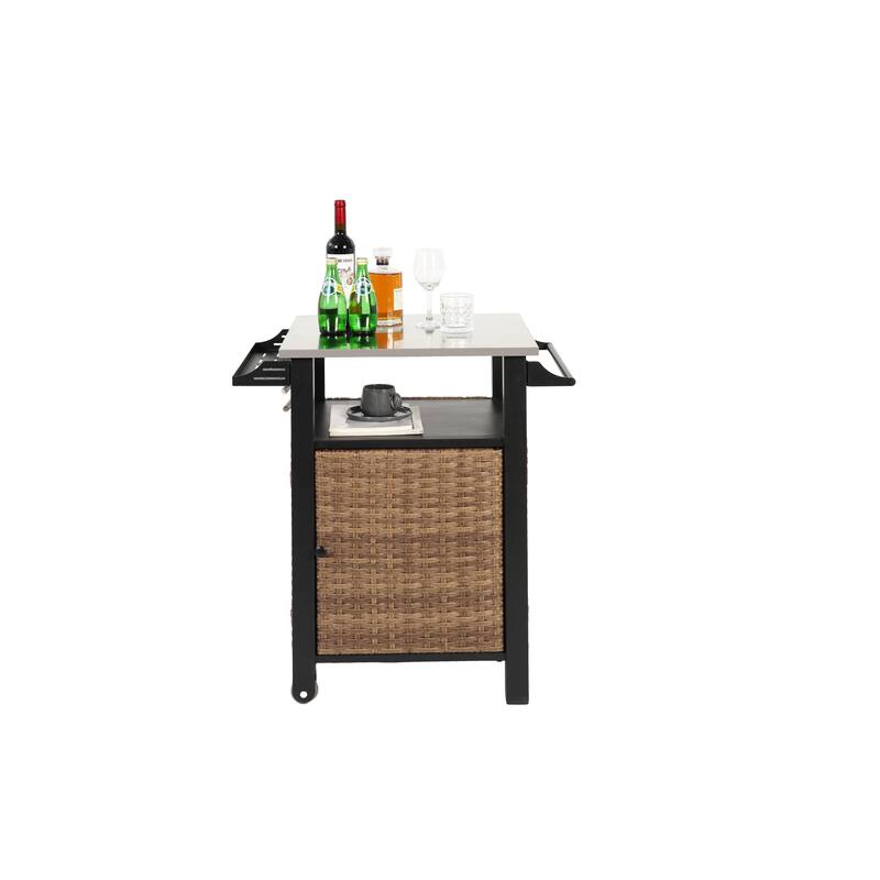 Single door bar cart,Outdoor Kitchen Wicker Island Rolling cart & Storage Cabinet, Wheels and Stainless Steel Extended Table Top