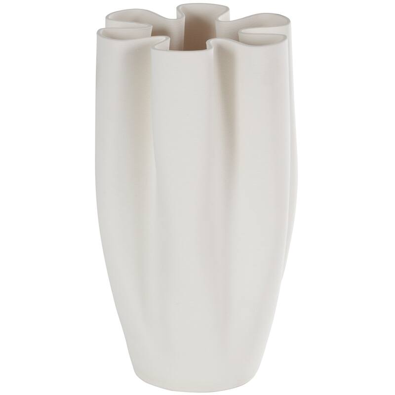 White Ceramic Ribbed Dimensional Folded Abstract Decorative Vase with Floral Shaped Rim