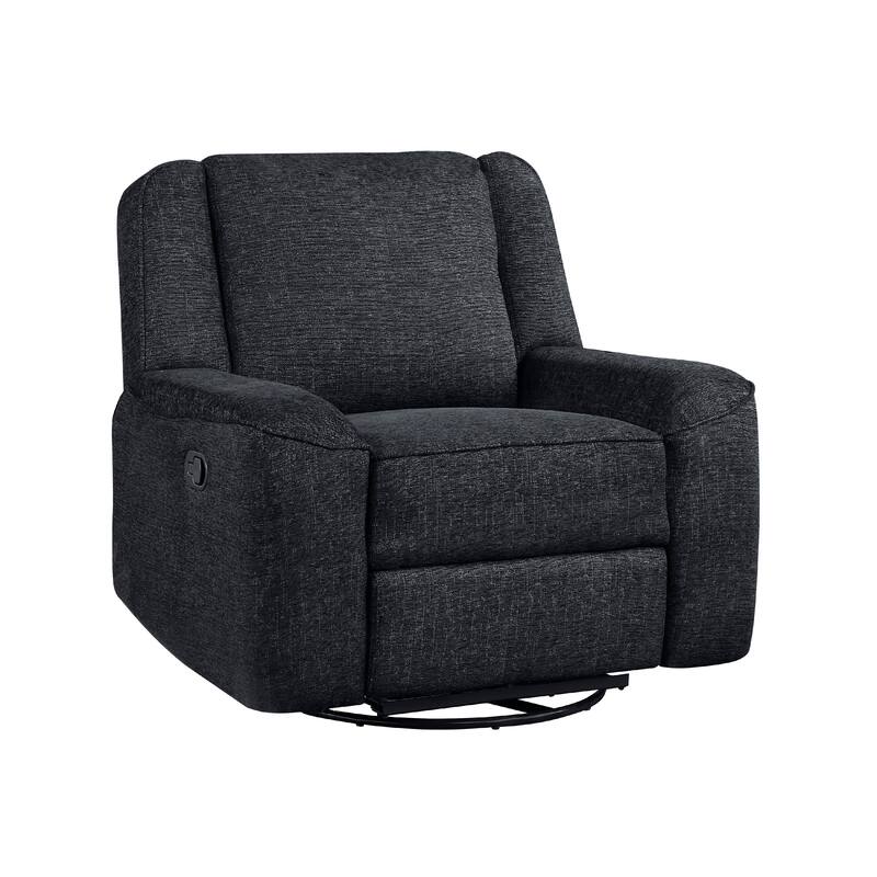 Ruma Swivel Manual Reclining Chair w Tab Pull, Ebony Black Chenille