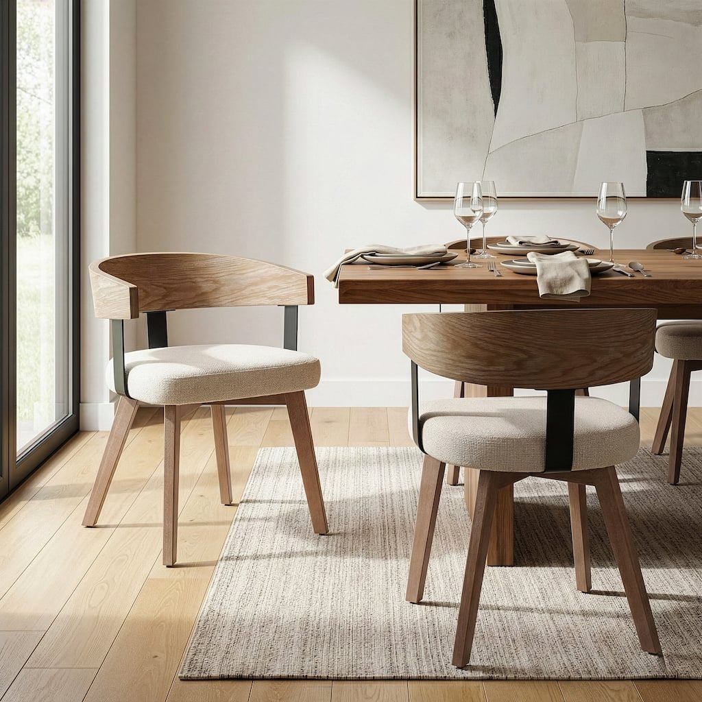 Set of 2 Beck Beige Linen Fabric Dining Chair with Natural Wood Backrest and Legs