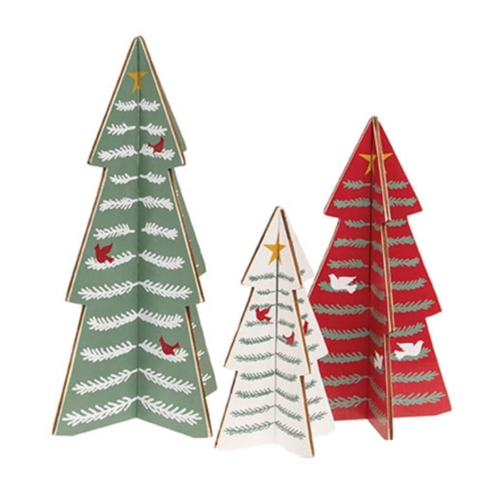 Set of 3 Wooden Dimensional Yuletide Christmas Tree Sitters Rustic Folk Art Holiday Decoration Tabletop Display