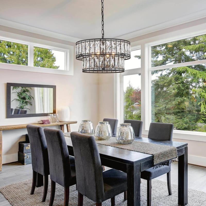 Cirstal Modern Black Crystal 4-Light 2-Tier Drum Chandelier for Dining Room - D15.5"xH10.5"