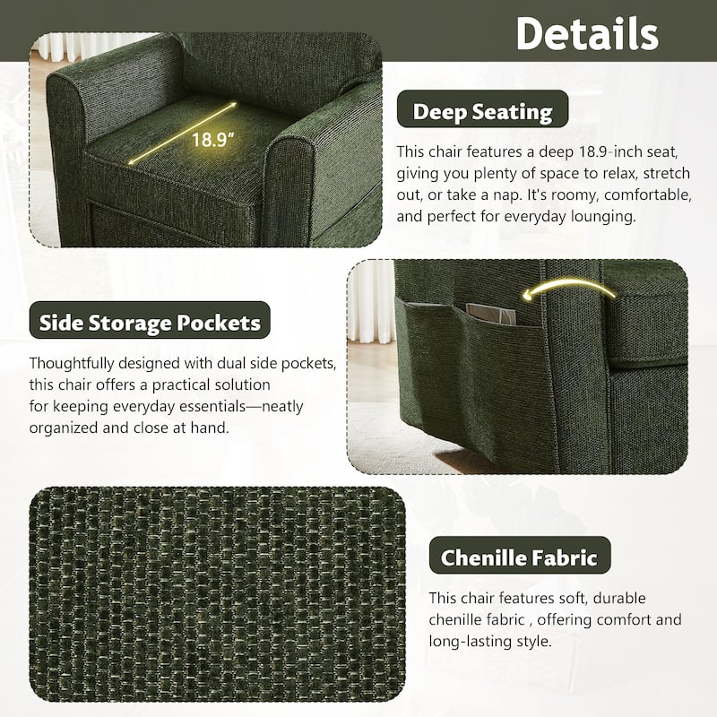Chenille 360° Swivel Barrel Chair with Side Pockets, Ergonomic Support, and Removable Cushions