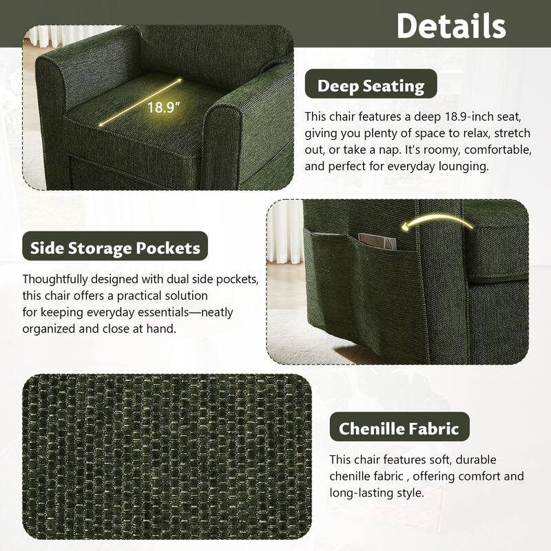 Chenille 360° Swivel Lounge Chair, Modern Armchair with Side Pockets Swivel Sofa Chair Ergonomic Recliner Chair for Bedroom
