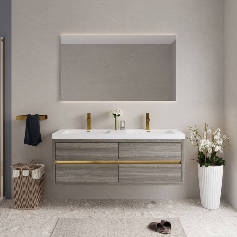 Wall-Mounted Bathroom Vanity with White Stone Resin Top - 59.06'' x 19.69'' x 22.44'' - Grey Ash