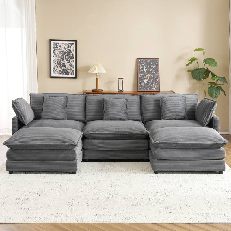 Modular Sofa Couch, Upholstered Corduroy L-Shape Sectional Sofa with Side Storage Pockets and Movable Ottoman