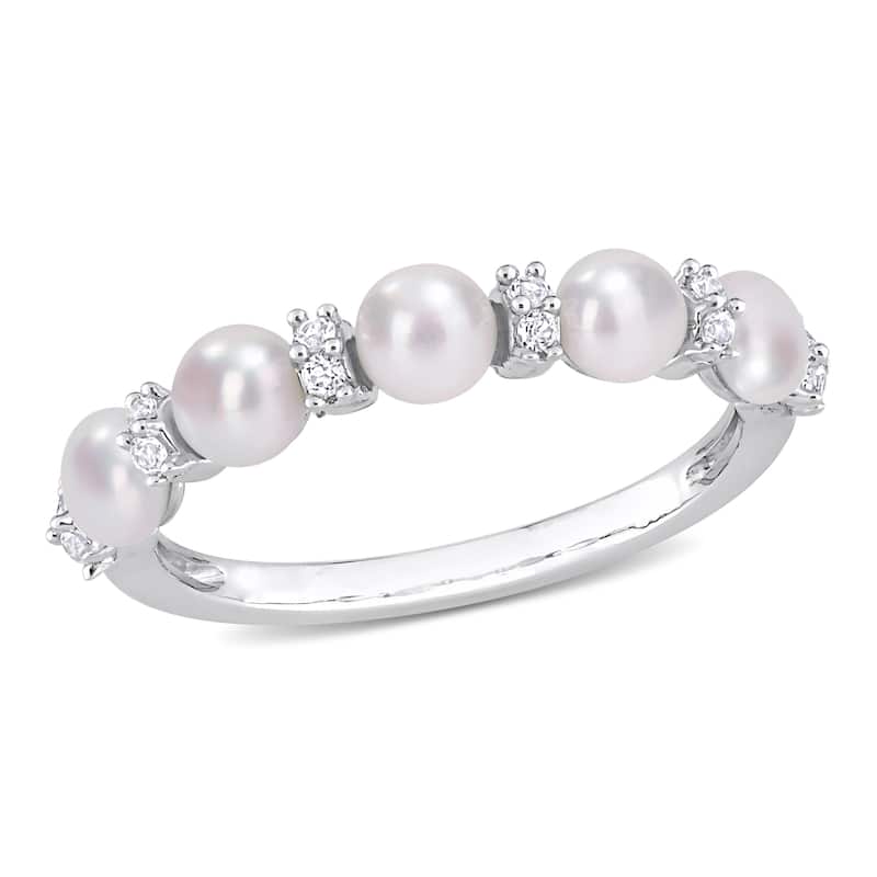 Miadora Sterling Silver Freshwater Cultured Pearl & White Topaz 5-Stone Semi-Eternity Ring (3.5-4mm)