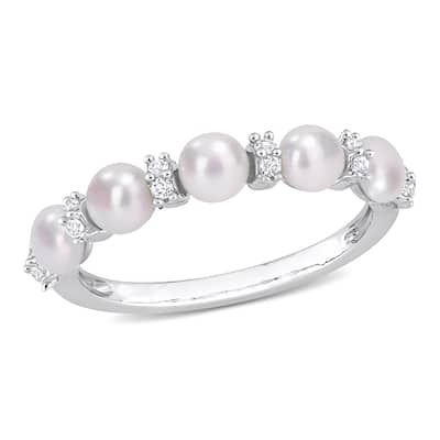 Miadora Sterling Silver Freshwater Cultured Pearl & White Topaz 5-Stone Semi-Eternity Ring (3.5-4mm)