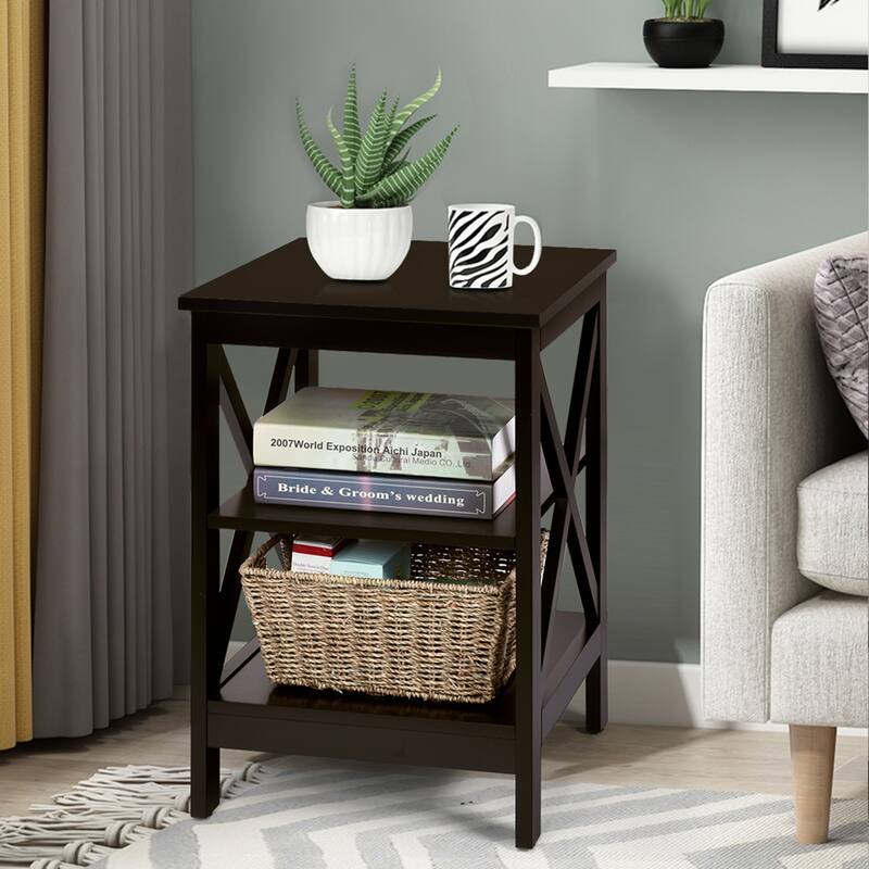 Gymax 2 PCS 3-Tier Nightstand End Table X Design Storage Display Shelf