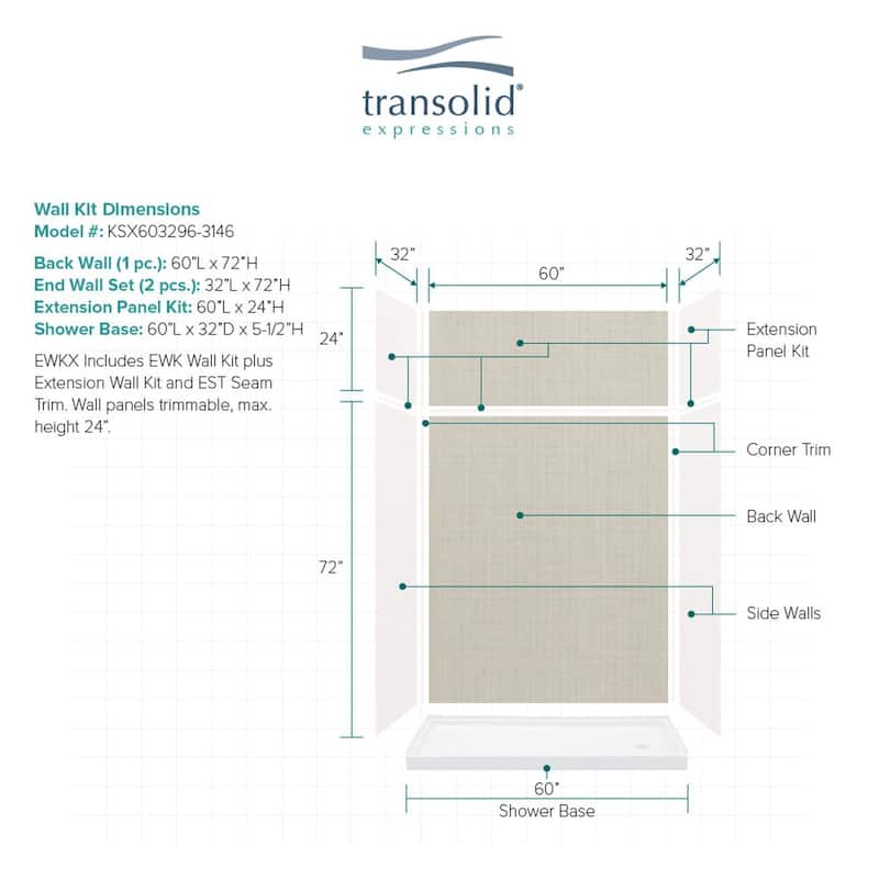 Transolid Expressions 60-in X 32-in X 96-in Glue to Wall Shower Kit - 32" x 60" x 96" - 32" x 60" x 96"