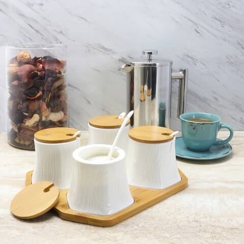 Elama Ceramic Spice, Jam and Salsa Jars with Bamboo Lids and Serving Spoons