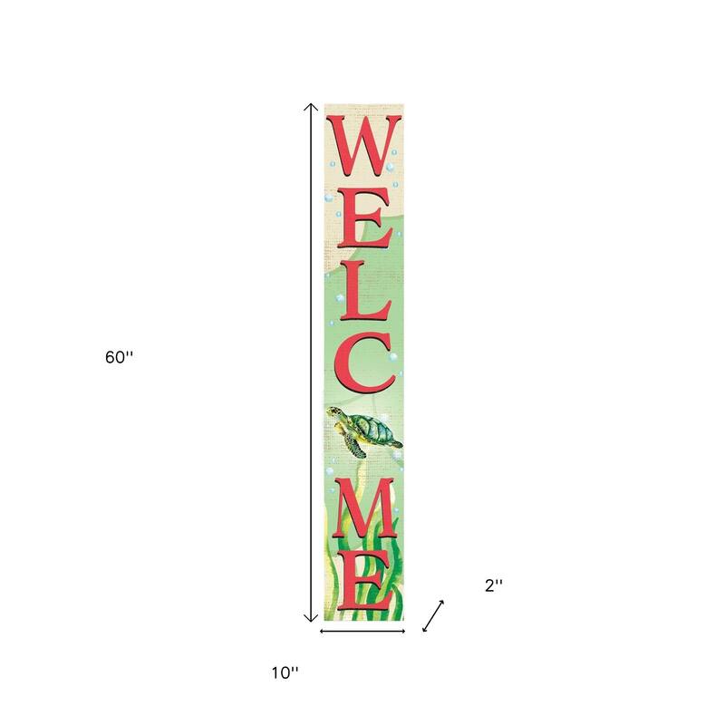 HomeRoots 60" Green And Pink Solid Wood Welcome Turtle Porch Sign