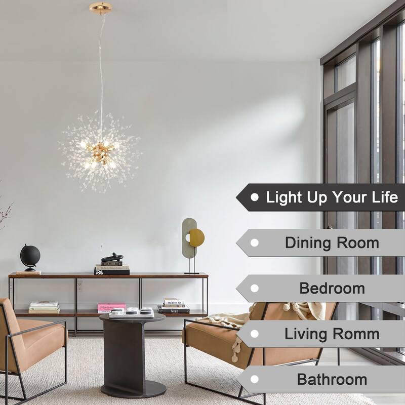 8-Light Modern Sputnik Chandelier, Crystal Flower Ball Semi Flush Mount Chandelier, Farmhouse Pendant Light for Dining Room