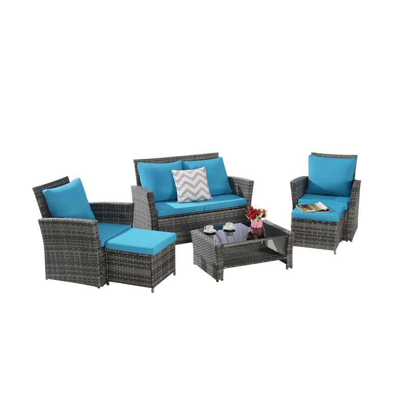 6 Pieces Patio Conversation Furniture Sets, All Weather Wicker Sectional Sofa with Glass Coffee Table and 2 Ottomans