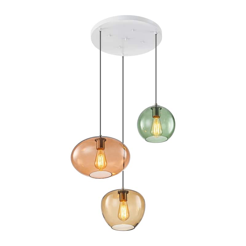 3-Light Modern Vintage Cluster White Pendant Light with Colored Glass Globe Shades - 23.62 in. W x 23.62 in. D