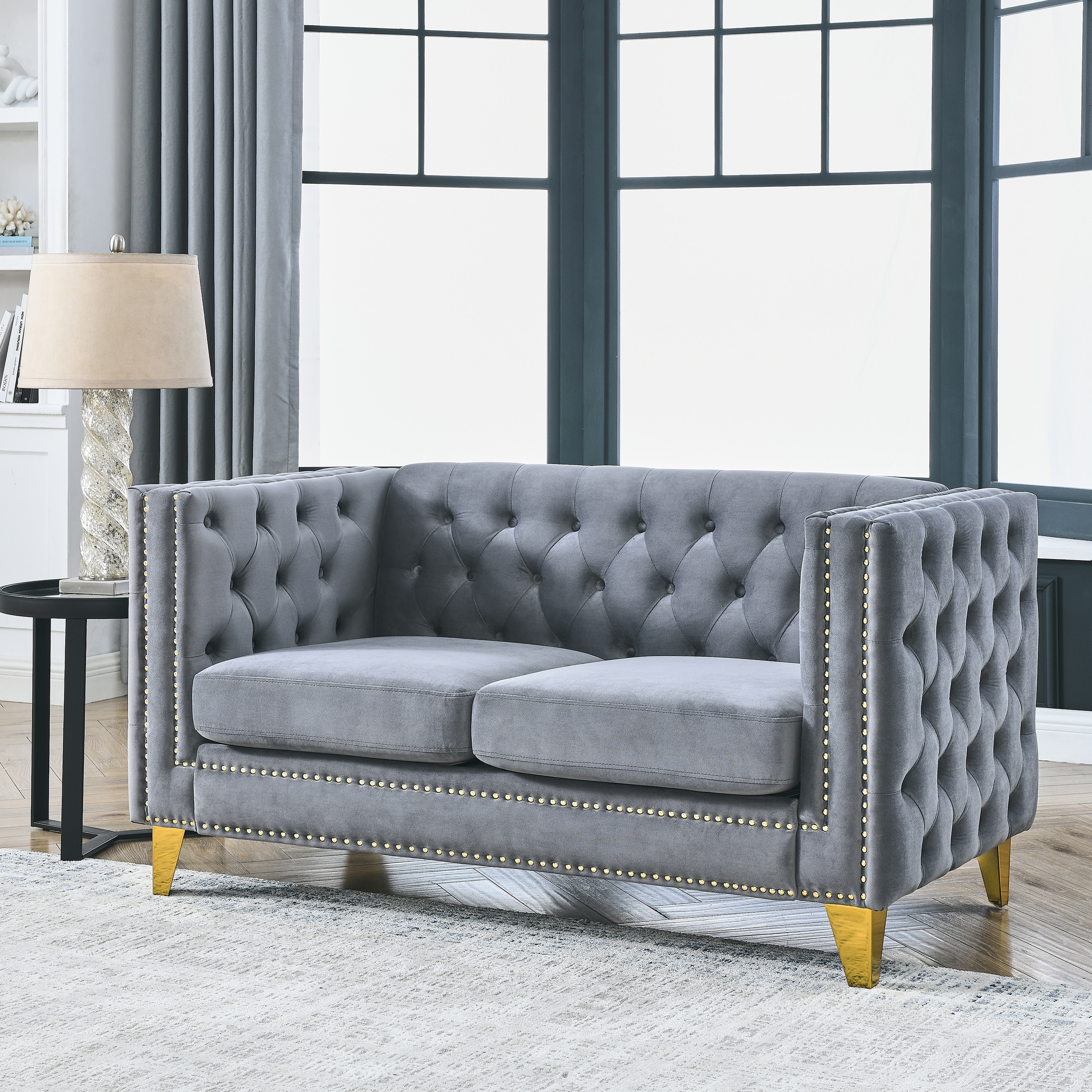 Velvet Upholstered Sofa for Living Room, Buttons Tufted Square Armrests 2 Seater Sofa Couch, Loveseat with Nailhead