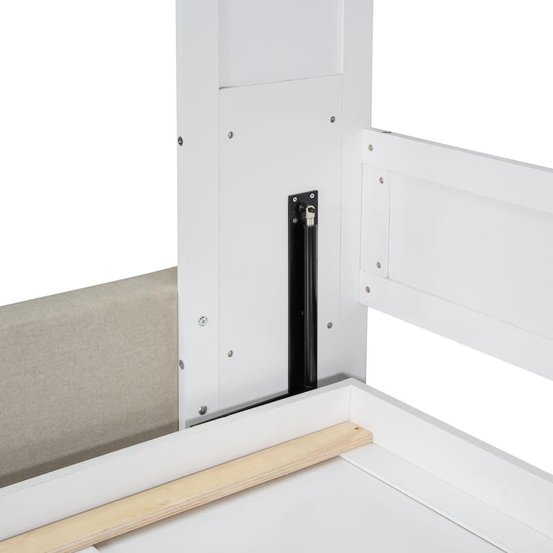 Queen Size Solid Wood Wall-Mounted Murphy Bed with Integrated Sofa and Space-Saving Storage, White and Gray Finish