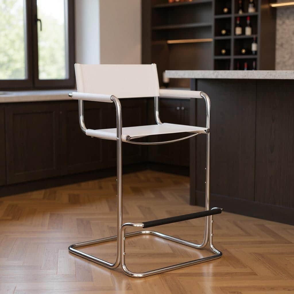 HomeRoots 30" White and Silver Leather and Steel Bar Height Bar Chair