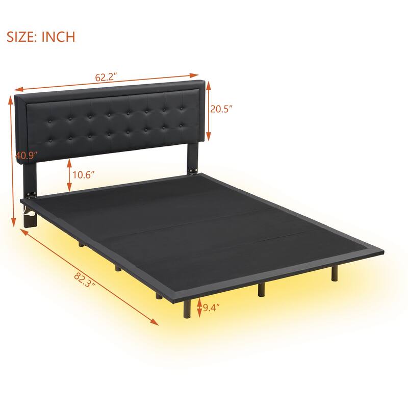 Queen Size Floating Bed Frame with Motion Activated Night Lights,Modern PU Upholstered Button