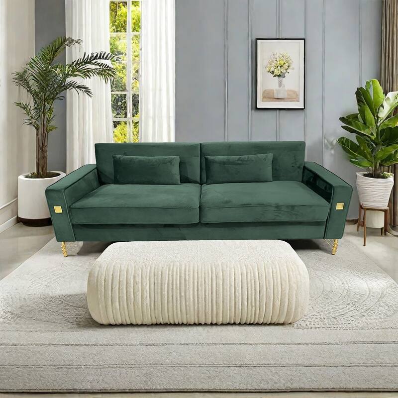 Retro Green Modern 85.63" Velvet 3-seater Sofa with Gold Accents and Plush Cushions for Living Room