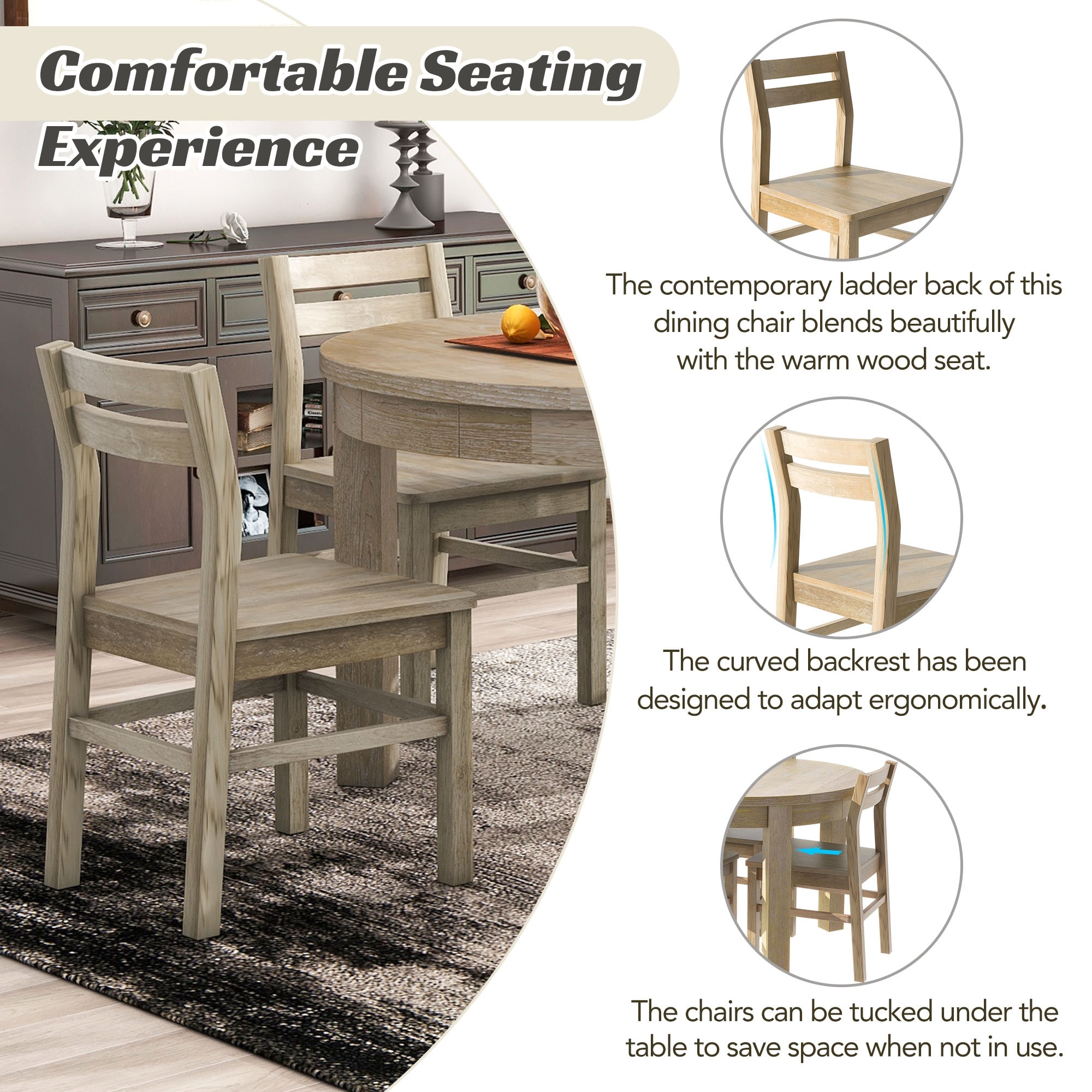Farmhouse 5-Piece Extendable Round Dining Table Set with Storage Drawers and 4 Dining Chairs,16" Removable Leaf